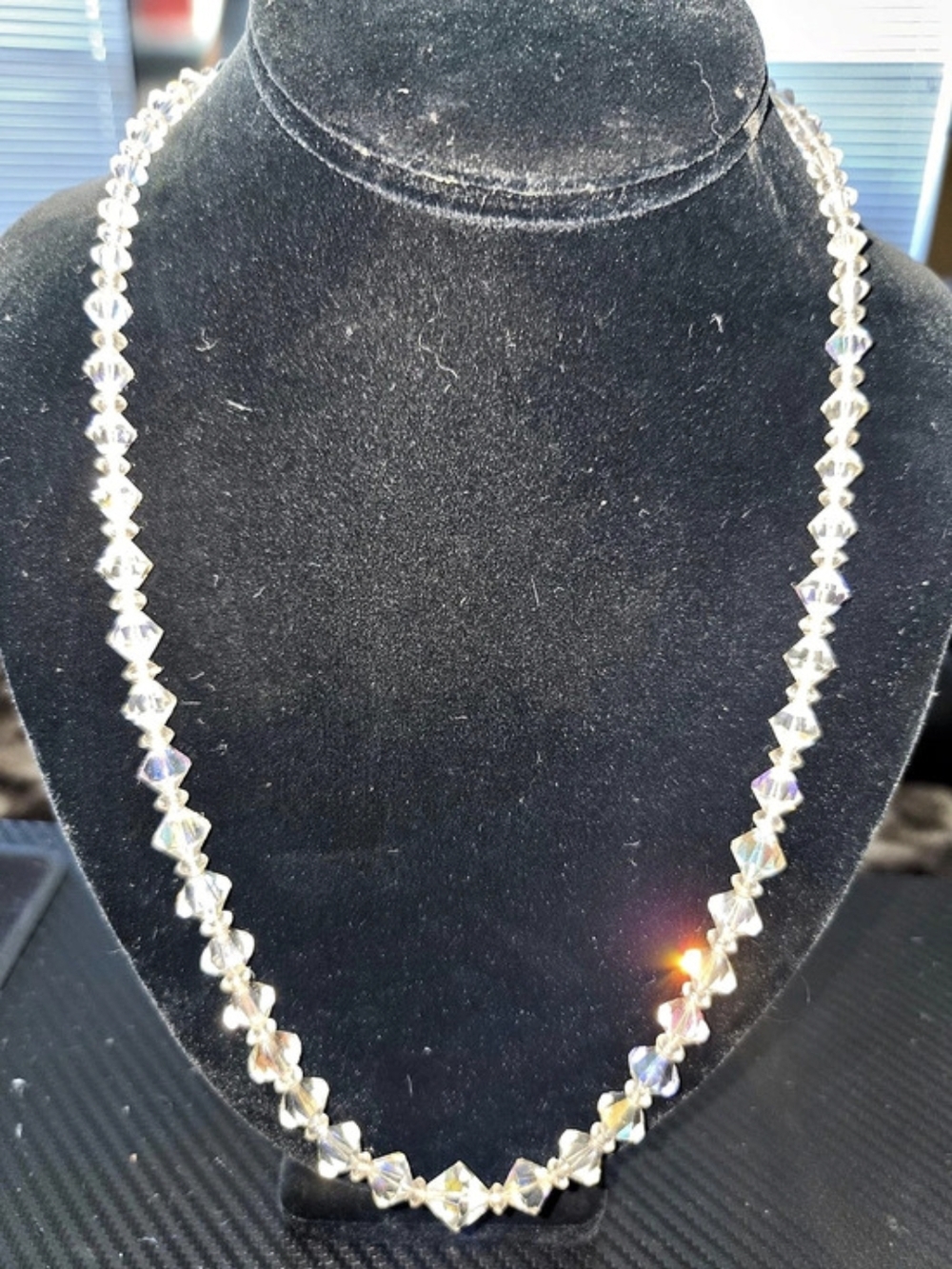 Vintage Aurora Borealis AB Crystal Graduated Bicone Bead Necklace Mid Century